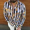 Mäns Casual T Shirts 2021 Punk Style Silk Striped Printing Male Slim Fit Långärmad Blomma Skriv ut Party Shirt Toppar