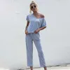 2021 Hotsale 2 Pcs Mulheres Summer Tracksuits Set Lounge Use Manga Curta Tops Calças Longa Suites Suites Elastic Waist Casual Sólido Y0702