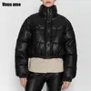 Kadınlar Down Parkas unua amo büyük boy ceket kış sahte deri parka 2021 şık siyah pu kısa sıcak kabarcık kabarcık ceket