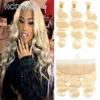 613 Blondynka Ludzkie Wiązki Włosów Z Koronką Frontal Ear do Ear Peruwiański Dziewiczy Włosy 3 sztuk z Frontal Closure Proste Body Wave Głębokie Cur