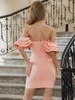 Women Winter Sexy Off the Shoulder Ruffles Pink Bandage Dress Designer Elegant Celebrity Bodycon Party Vestido 210527