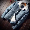 Denim bomber jas met bont heren trench jassen hoogwaardige mode jeans jas fleece winterjeansjacke herren blauw oversized