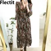 Flectit Vintage Women Floral Sukienka z pasem z długim rękawem V Neck Airy Szyfonowa Forum Fall Spring * 210623