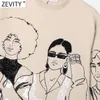 Zevity Women Fashion Beauty Girls Print Casual Sweatshirts Female Basic Fall O Neck Sticke Hoodies Chic Pullover Tops H510 201208