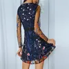 Casual Sukienki Damskie Piękne Kwiatowe Haftowane Z Długim Rękawem Sukienka Lady Mesh Design Sweet Style Wysoka talia A-Line Mini # T2G