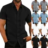Męskie lniane bluzka z krótkim rękawem workowate guziki Lato solidne wygodne, czyste bawełniane i lniane swobodne luźne koszulki koszulki T200505