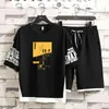 2-częściowy zestaw koszuli męska Męskie Moda Hip Hop Streetwear Druk Koszule + Spodenki Sportowe Męskie Odzież Casual Dress Men Set 210806