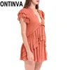 Clearance Summer Women Ruffles Mini Dress Linen Deep V Neck Sexy Mujer Casual S M L XL Party Ladies Orange Robes Gowns 210527