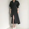 Casual Dresses Design Hollow Out Waist Långärmad Split Kvinna Klänning Enkel Koreansk Solid Elegant Robe Femme Slim Office Lady Vestidos