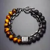 Beaded Strands 4 Styles Unique Natural Tiger Eye Stone Bracelet Mens Stainless Steel Map For Men Jewelry Gift Fawn22