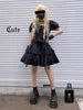 Japanese Summer Harajuku Soft Girl Dark Style Dresses Vintage Square Collar Puff Sleeve Bandage Sweety Ruffle Fluffy Dress 210623