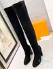 Modem￤rke Kvinnor l￥rh￶ga st￶vlar Martin Chunky High Heel 10,5 cm spetsiga t￥r 22 tums stretch mocka st￶vlar