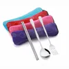 Stainless Steel Travel 3Pcs/Set Portable Cloth Bag Spoon Fork Chopsticks Knife Set Fruit Cake Forks Picnic Tableware Sets BH5793 WLY