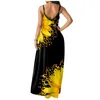 Sunflower Print Lange Maxi Kleid Ärmellose Frauen Sommer Sexy V-ausschnitt Schwarz Strappy Kleid Open Back 3XL 4XL 5XL vestido de verano X0521