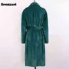 Nerazzurri Winter Long Green Warm Soft Loose Fluffy Faux Fur Coat Women Belt Lapel Elegant Luxury Designer Korean Fashion 211124