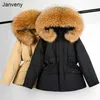 Janveny Winter 90% White Duck Down Jacket Women Large Real Raccoon Fur Collar Hooded Puffer Coat Female Feather Parkas 211018