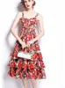 カスケードフリルMIDIドレス女性花のプリントRuched Spaghettiストラップエレガントなドレス夏の背中の背景のないパーティーVestidos 210529