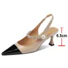 Meotina Women Shoes Pleated Leather Pumps High Heel Slingback Pump Chain Thin Heel Shoes Poinded Toe Ladies Footwear Spring 210608