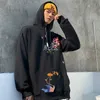 Hip hop män streetwear hoodie japan sakura broderi wonderland print sweatshirt höst avslappnad blommig bomull svart 210813