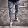 Jul Men Hip Hop Tight Slim Zipper Hole Smal Män Jeans Man Byxor Mäns Distressed Ripped Skinny Jeans