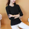 Spring and autumn black white inner knit long-sleeved sweater bottoming sweater slim tight lace collar 210922