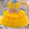 2021 Formel Blanc Paillettes Bow Baptême 1 An Robe D'anniversaire Pour Bébé Fille Vêtements Dos Nu Parti Princesse Robes Avec Bandeau G1129