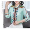 Runway Luxury Retro Silk Satin Shirt Long Sleeve Spring Autumn Winter Womens Designer Button Tops Slim Office Ladies Printed Blous253G