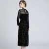 LY VAREY LIN Women Vintage Velvet Long Dress Elegant O Neck Lantern Sleeve Black Party Tulle Patchwork Slim Retro Vestidos 210526