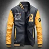 Spring Autumn Men Stand Collar PU Leather Baseball Jacket Embroidery Leather Jacket Men Casual Bomber Jacket Slim Fit Brand 211009