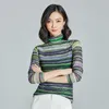 Korean Women Blouses Autumn Striped Blouse Tops Woman Long Sleeve Basic Turtleneck Mesh Plus Size 210531