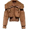 ロータロ冬暖かい厚いパッチワークの毛皮の毛皮のコート女性長袖ジッパーターンダウンカラースタイリッシュなふわふわのジャケットファッション211018