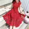 Högkvalitativ Kvinnor Party Dress Vintage Red Lace O Neck Runway Elegant Damer Es Sommarkläder för 210529