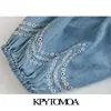 KPYTOMOA Women Fashion Floral Embroidery Cropped Denim Blouse Vintage Lantern Sleeve Back Elastic Female Shirts Chic Tops 210308