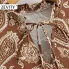 Zevenity Herfst Dames Vintage Cashew Floral Print Midi Shirt Jurk Dames Chique Bow Lange Mouw Casual Plooid Ruches Vestido DS4549 210603