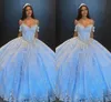 Bling Tulle Bahama Blu Abiti Quinceanera Ball Gown Al Largo Della Spalla Applique Pizzo Perline Cristallo Aperto Indietro Allacciatura Prom Laurea Formale