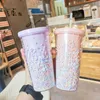 Mugs 550ml Creative Straw Cup Double Layer Rainbow Star Plastic Water Reusable Bottle Large Capacity Drink Mug Tumbler Gift