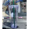 Klaar voorraad Herbruikbare Starbucks transparante plastic beker met PP plastic rietje rietje beker Dubbellaags klassieke koffiefles