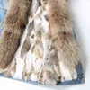 Maomaokong denim Jacket Parka Winter Women Parkas Real Fur collar Coat Natural Raccoon Hood Rabbit Liner Luxury 211220