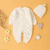 2021 Nouveau bébé garçons vêtements solides enfants filles boucle avant tricoté combinaison laine boule casquette nouveau-né coton barboteuse pour 0-3 ans 210309