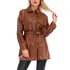 DEAT Women Coat Lace Up PU Leather Cardigan Single-breasted Long Sleeve Fashion Temperament Autumn Winter 11D1816 210709