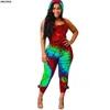 women summer bohemian black hole tie dye print hooded cut out back jumpsuit sexy romper playsuit 5 color GLALS118 210302