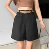 Surmiitro夏のファッショングリーンブラックホワイトショーツ女性韓国風ハイウエストワイドレッグショートパンツ女性ベルト210712