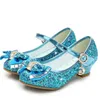 Princess Kids Lederen Schoenen voor Meisjes Bloem Casual Glitter Kinderen Hoge Hak 2020 Meisjes Schoenen Butterfly Knot Blauw Roze Zilver X0719