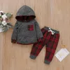 Vente chaude Livraison gratuite Vêtements pour garçons Tenues de printemps douces Gris Sweat à capuche à manches longues Plaid / Pantalon de dinosaure 2PCS Ensemble Cadeaux pour bébé 210309