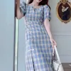 Vintage azul xadrez silm cintura vestidos para mulheres verão elegante escritório senhora vestido moda casual split vestido feminino 210525