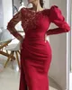 2021 Arabisch ASO EBI Rot Luxuriöser Meerjungfrau Abendkleider Perlen Kristalle Prom Kleider Lange Ärmel Formale Partei Zweiter Empfangsmarke