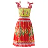 Kvinnors banor klänningar snörning spaghetti remmar ärmlös vintage tryckt elegant klänning vestidos