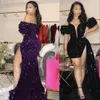 2021 Funkelnd Black Prom Kleider Backless Abendkleid Pageant Frauen Sexy Kurzer Party Tragen Langer Trail High Split Abiye Dubai Kleider Burgund Rot Lila Springe