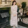 Long Sleeve Dress Heart-shaped Chiffon Vintage Midi Women Mid-calf Bow Neck Party Elegant Summer 210603