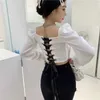 Casual Siyah Uzun Kollu Tops Kış Kare Yaka Kadınlar Seksi Backless Bluz Bahar Tasarımcı Partisi Kore Giyim Bayanlar 210604